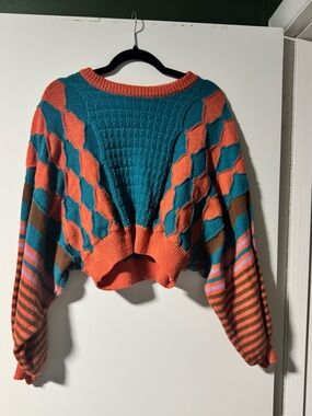 Cider Teal and Coral Geometric Cropped Sweater